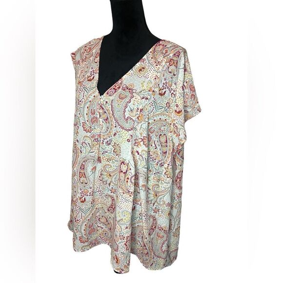NWT CYNTHIA ROWLEY WOMENS PAISLEY V-NECK SHORT SLEEVE SUMMER BLOUSE SIZE 3XL - Picture 3 of 10